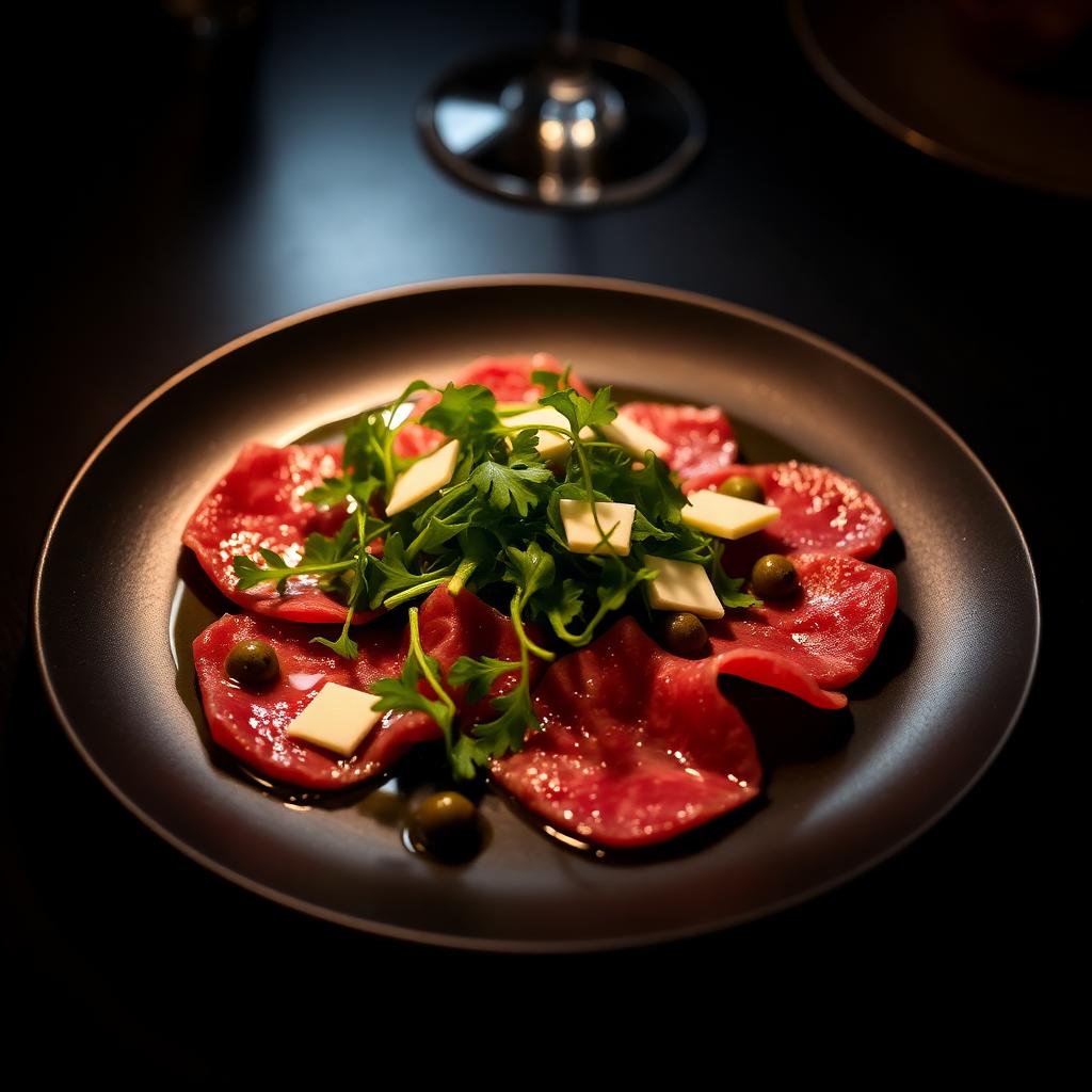Carpaccio de carne com rúcula e lascas de queijo