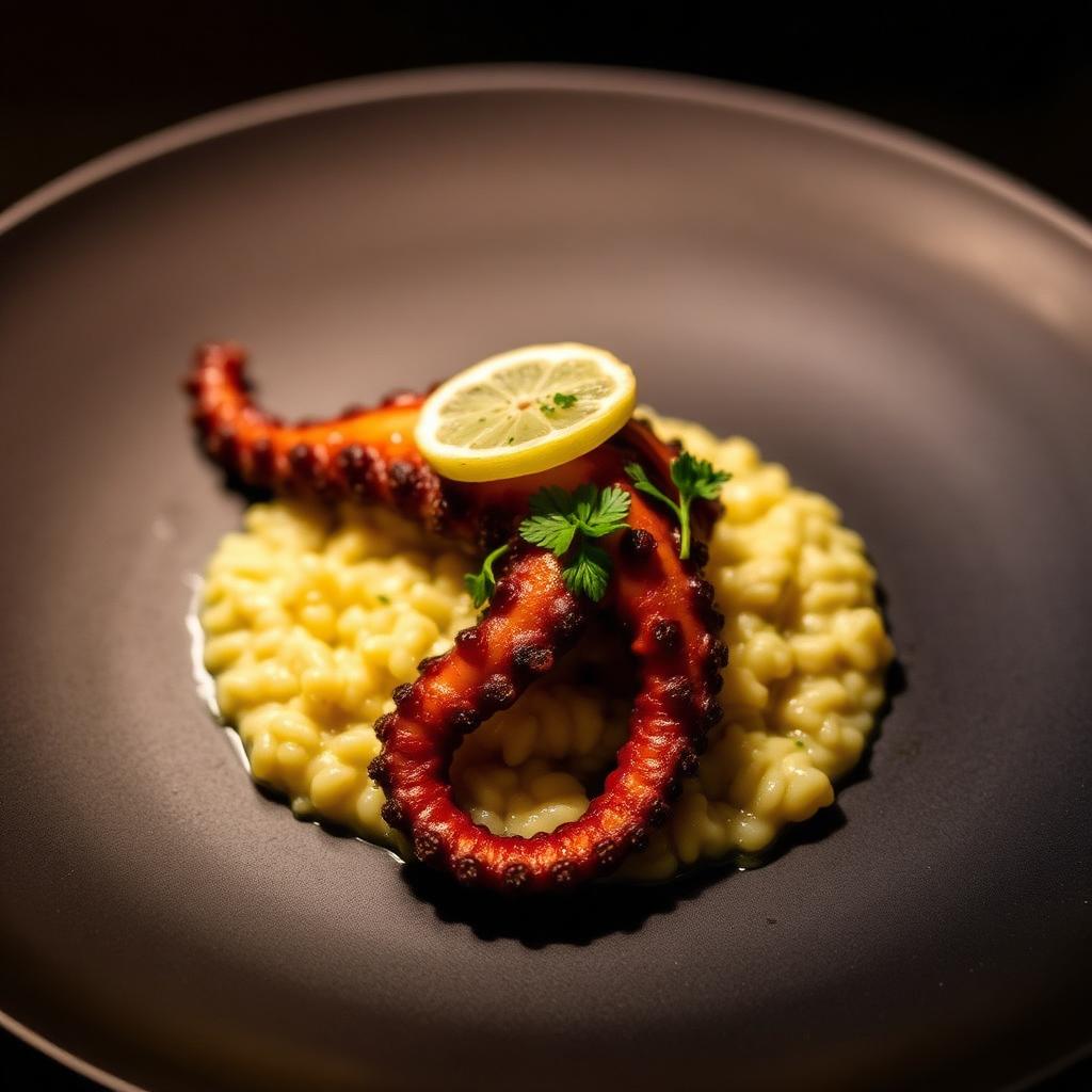 Polvo grelhado sobre risoto de limão siciliano