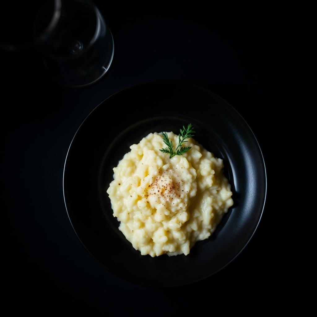 Risoto cremoso servido em prato escuro