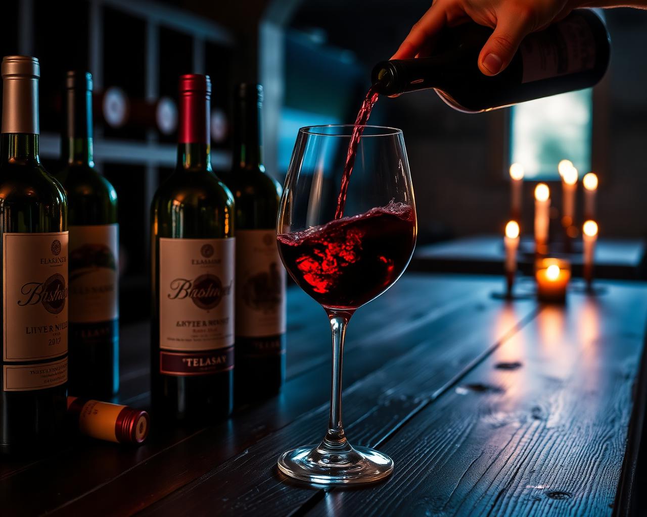 Vinho tinto sendo servido em taça sobre mesa de madeira